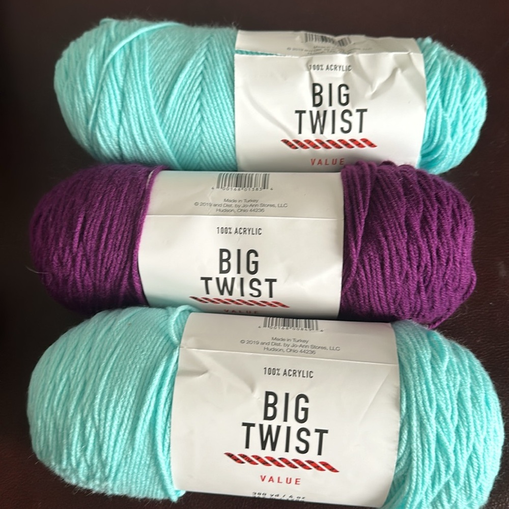3 skeins of BIG TWIST Value yarn. 2 AQUA+1 PURPLE Color. 6 oz each roll. NWT.